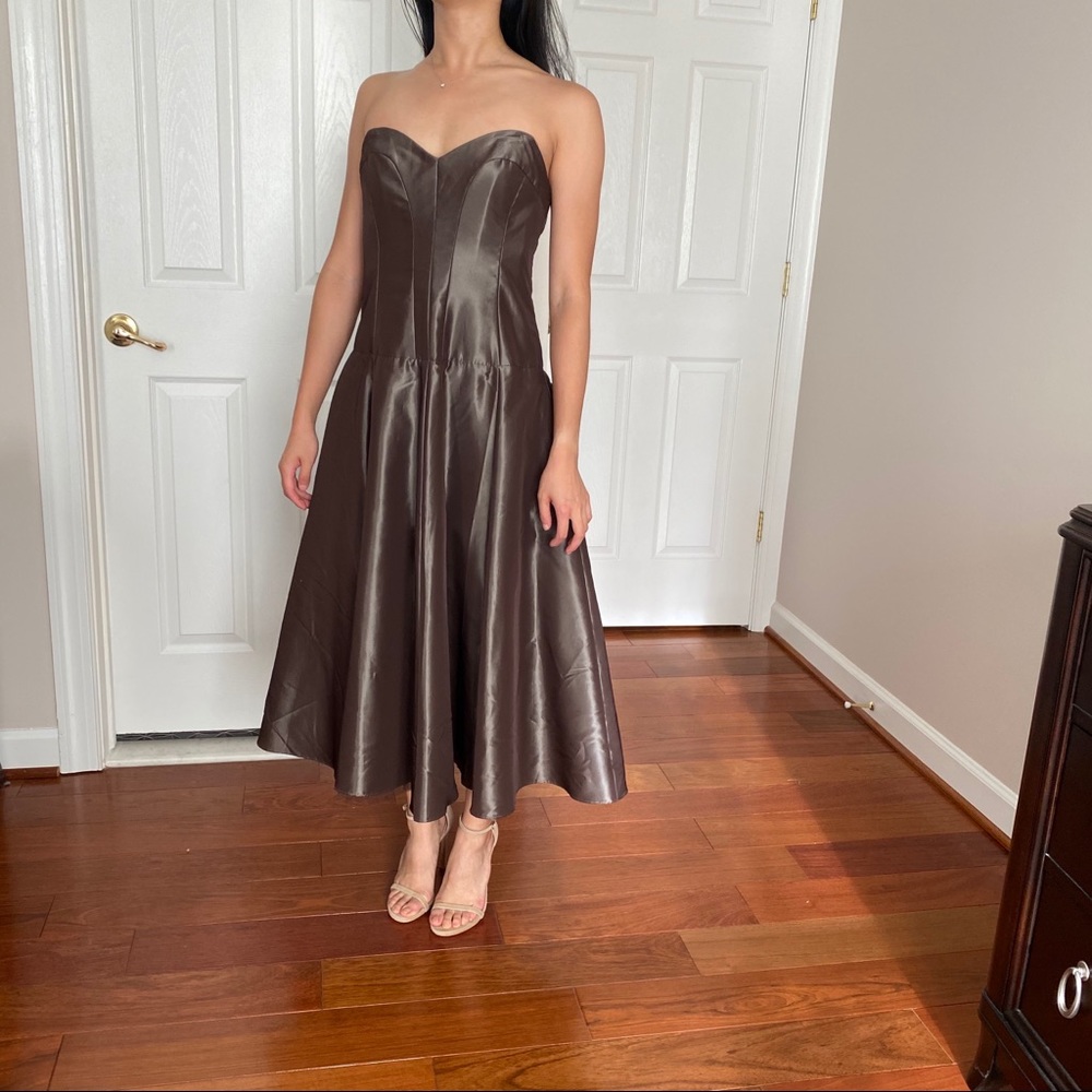 Nicole Miller strapless bronze satin dress